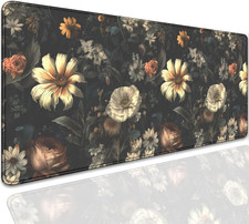 Black Background Flowers Desk Pad Mouse Pad,Large Floral Mouse Mat with Stitched