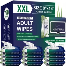 Adult Wipes For Elderly - 8"x13" 720ct (12 Packs of 60) Huge & Soft Non-Flush...