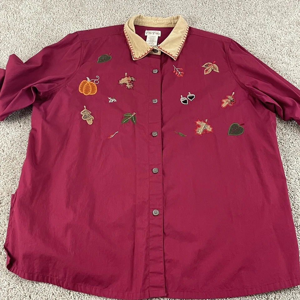 Camisa Bobbie Brooks Mujer 22/24 Botones Bordadas Hojas Otoño Calabaza 298 Foto 2 de 4