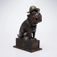 Ole Puffer Bull Dog Cigar Vtg Cast Iron Mechanical Piggy Money Coin Bank Works