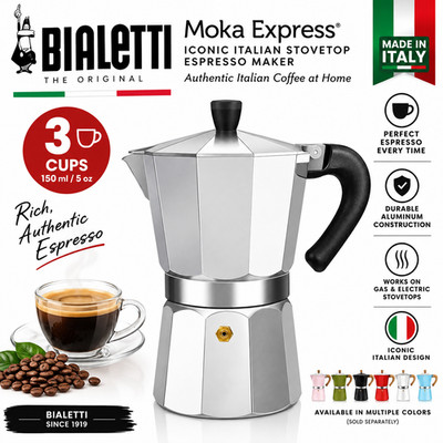 Bialetti Moka Express 3 Cup Stovetop Espresso Maker Silver 150ml Italian Coffee