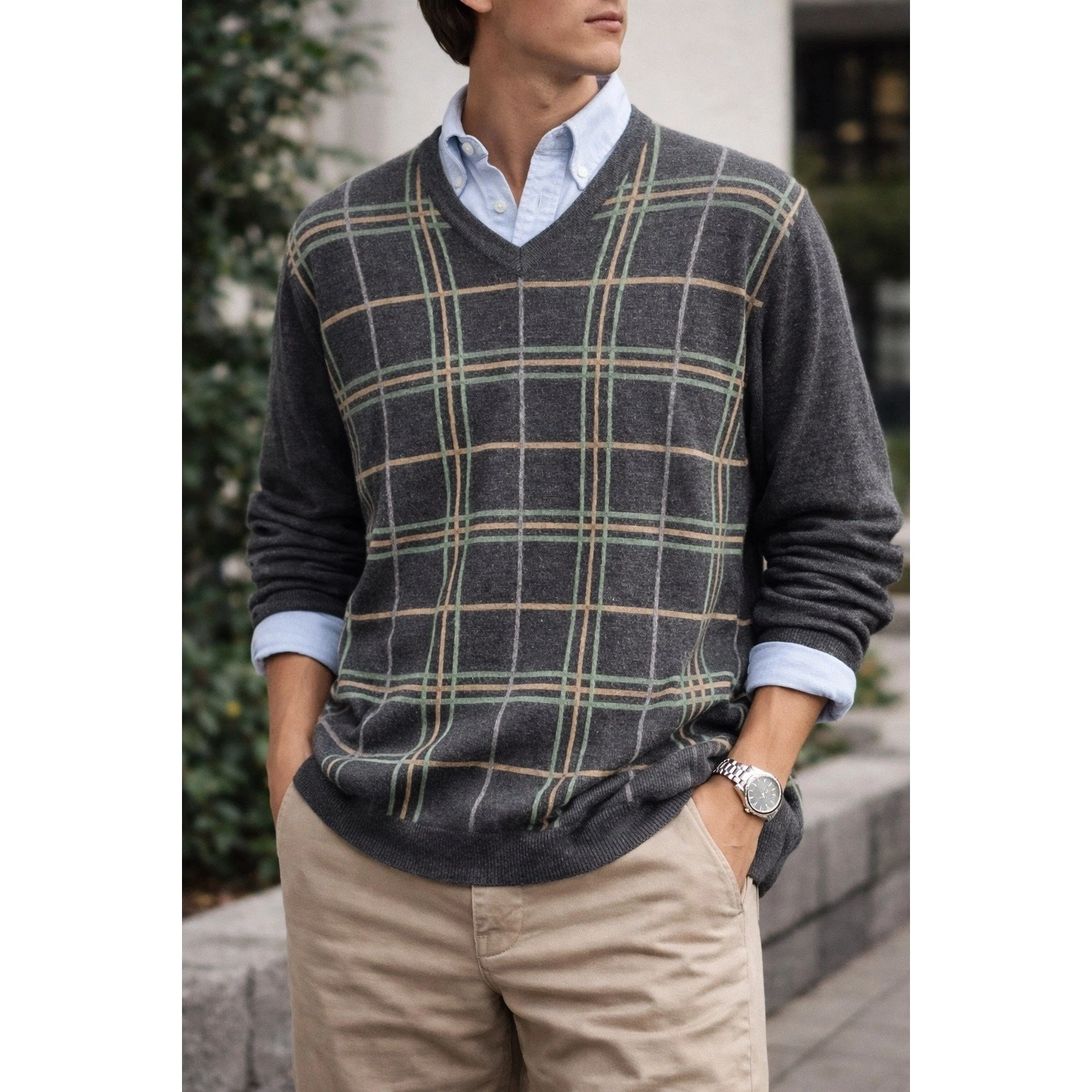 Banana Republic Mens 100% Merino Wool V-Neck Plaid Gray Sweater Size Large