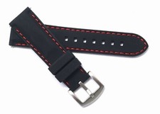 22mm Black Rubber Red Stitching Sports Watch Band Stainless Buckle Quick releas