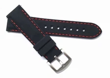 22mm Black Rubber Red Stitching Sports Watch Band Stainless Buckle Quick releas