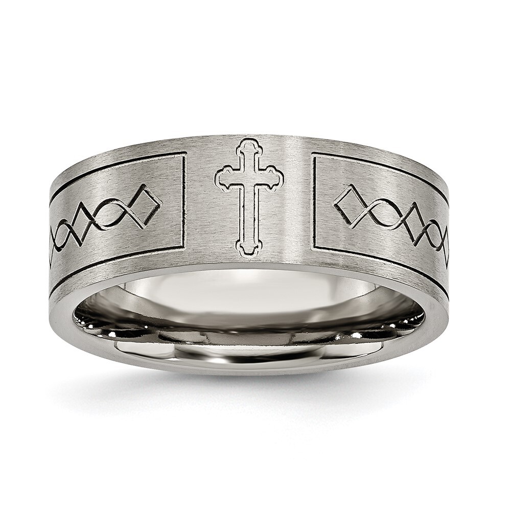 Titanium Brushed Cross Design 8mm Flat Band Ring Size 11 for Men 4.51gm