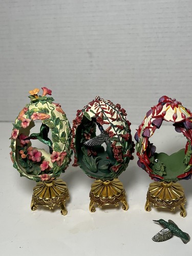 Lot of 3 Franklin Mint Faberge Eggs With Gold Base Hummingbirds Birds - Picture 5 of 12