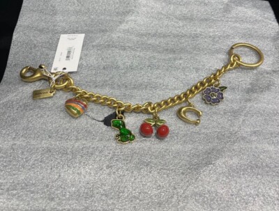NWT Coach Motif Chain Bag Charm Rexy Tea Rose Cherries Heart  Brass Multi  Rare