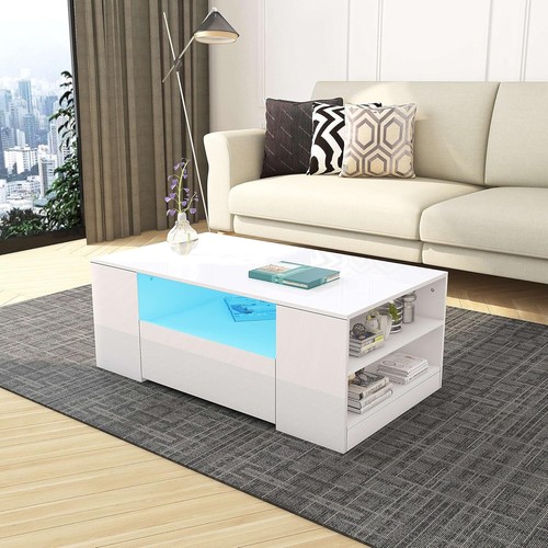 Couchtisch mit Schubladen RGB LED Modernes Wohnzimmer Hochglanz Weiß aus Holz - Bild 9 von 13