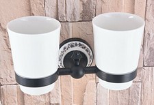 Black Oil Rubbed Brass Wall Mount Bathroom Toothbrush Holder w/ Two Ceramic Cups