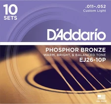 D'addario Phospher Bronze, Custom Light, 11-52 Acoustic Guitar Strings ( 10-Sets