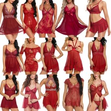 Red-Women-Sexy-Sleepwear-Lingerie-Lace-Underwear-Nightwear-Thong-Babydoll-Dress