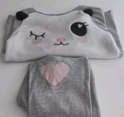 H&M Pyjama-Set grau-weiß Panda Herz Mädchen 8-10 Jahre