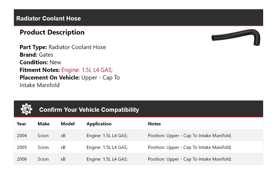 Puertas de manguera de refrigerante de radiador Scion xB 2004-2006 2005 Foto 2 de 4