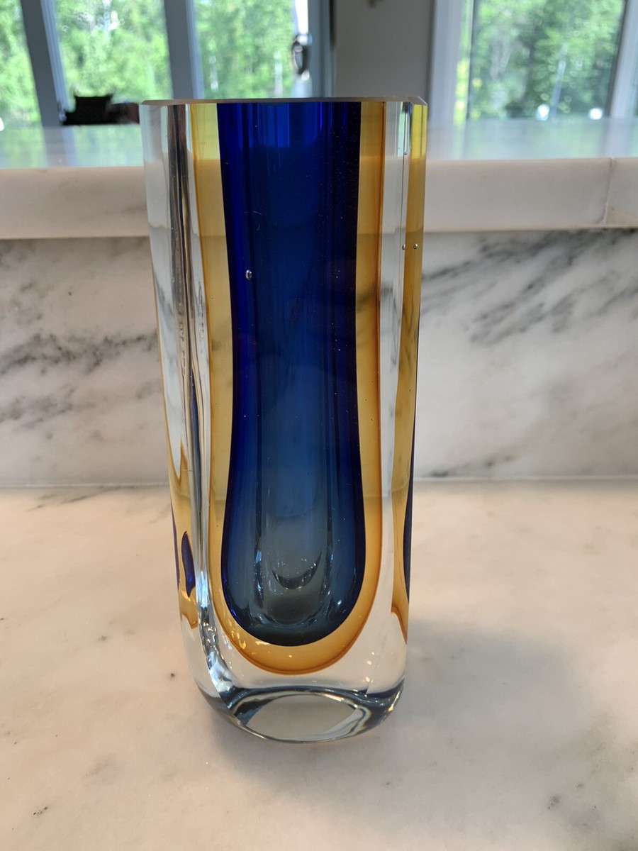 Vintage MCM Faceted Murano Glass Sommerso Art Glass Vase Flavio