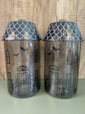 2-Haunted house Scene Bats,Cat,Spooky Novelty Container Halloween Decor Canister