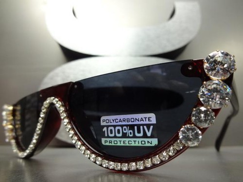 Classic Elegant Modern Retro Funky SUNGLASSES Burgundy Frame Bling Rhinestones - Picture 3 of 7