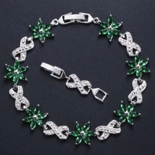 Trendy Green Cubic Zirconia CZ Flower Charm Link Silver Plated Bracelet for Lady