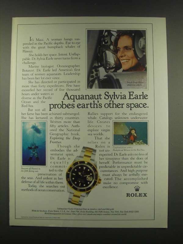 1985 Rolex Submariner Date Watch Ad Featuring Sylvia Earle