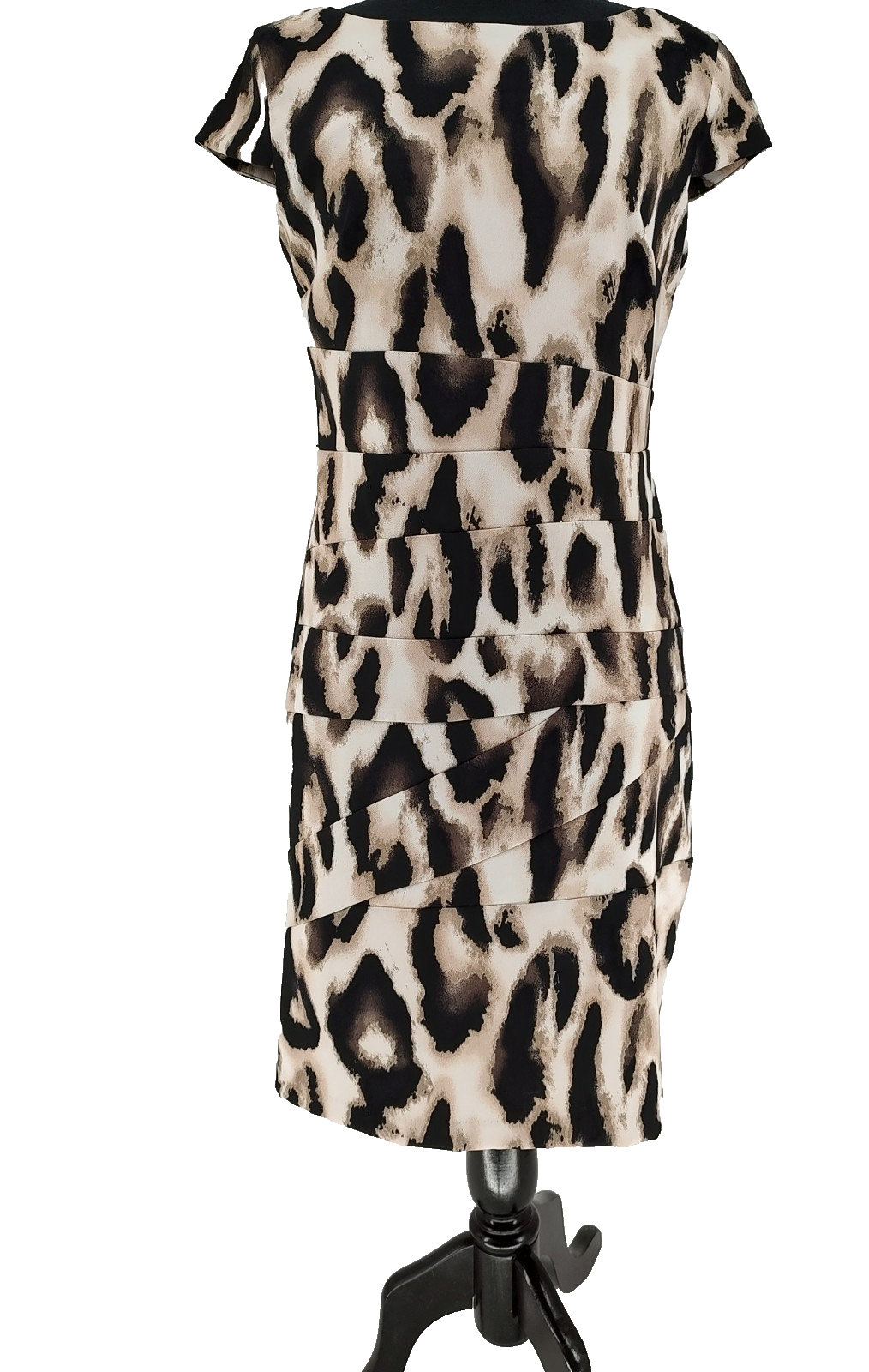 ALYX Dress Woman's Animal Print Beige Sheath Dress Size 8 Pleats Back Zip Modest