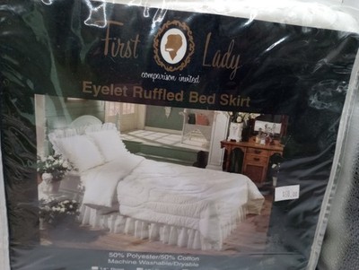 Vintage First Lady White Eyelet King Bed Skirt  Country Cottagecore Bedding NOS