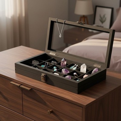 Versatile Jewelry Display Case with 18 Compartments & Stylish Tempered Glass Top