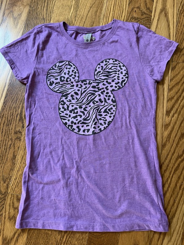 DISNEY Mickey MOUSE PURPLE ANIMAL PRINT - T-SHIRT - GIRLS SIZE XL - PRE-OWNED