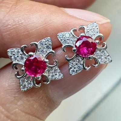 925 Sterling Silber Ohrringe 3mm Natur Rosa Rubin Edelstein Zirkon Blume Geschenk