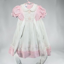 Vintage Polly Flinders Pink Gingham Smocked Dress Size 6 Embroidered