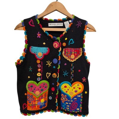 Vintage Michael Simon Sweater Vest Folk Art Hearts Embellished Size 1 1994