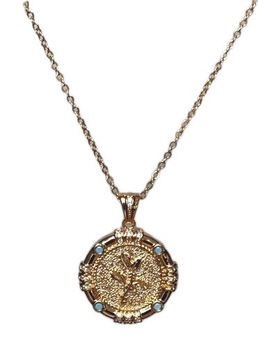 Plant Coin Pendant Necklace/ Gold Tone/ 4 Blue Beads/ Chain Measures 20 In