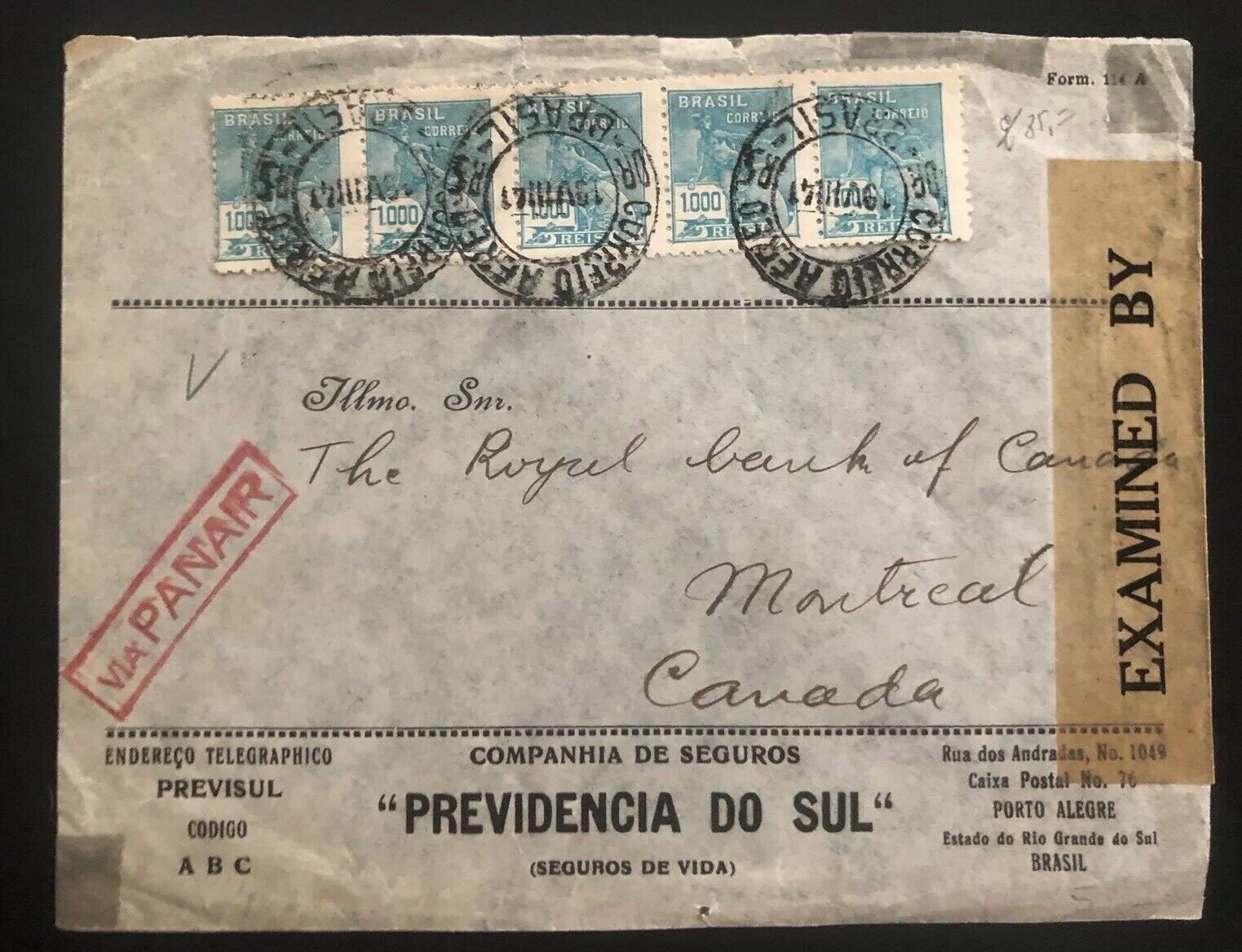 1941 Porto Alegre Brazil Commercial Censored Cover To Montreal Canada