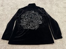 Chico s Size 2 Black Velvet Embroidered Floral Back Full Zip Jacket With Pockets