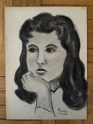 Vintage 1950s Charcoal Drawing Woman Portrait Study 9 x 12  Signed OOAK Coelho