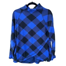 T by Talbots Blue Black Buffalo Plaid Mock Neck Long Sleeve Tunic Top Women M