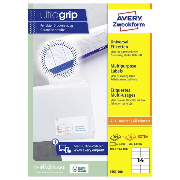 3080Er Multipack Avery-Zweckform 3653-200 Universal-Etiketten 105 X 42.3 Mm-image