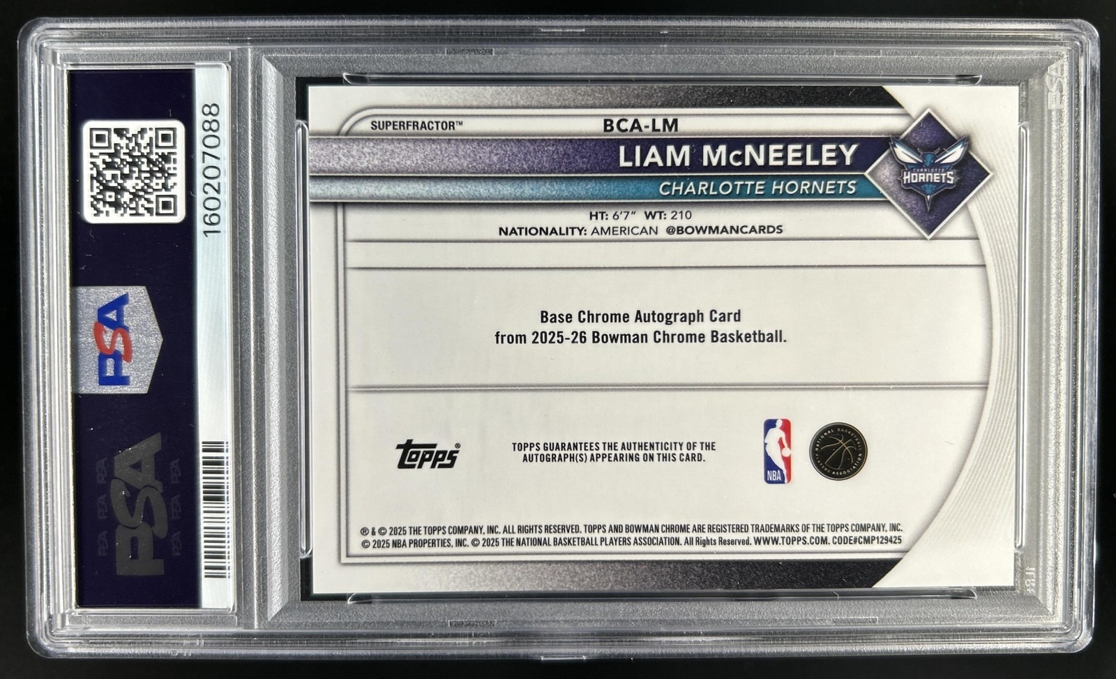 2025-26 Bowman Liam McNeeley Chrome Auto SuperFractor RC #1/1 Hornets PSA 7 view 2