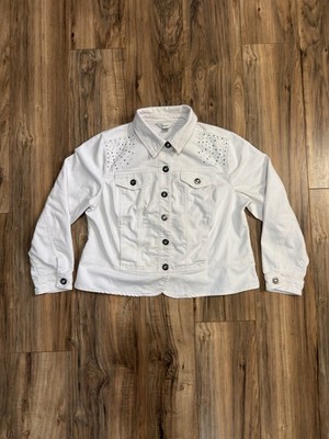 Christopher & Banks CJ White Rhinestone Sequin Denim Jacket XL Pockets Unlined