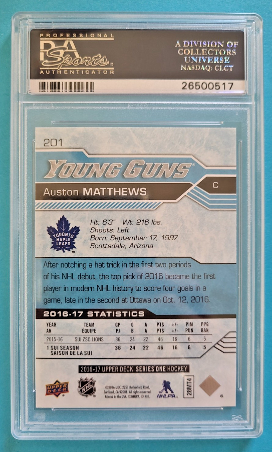 2016-17 Auston Matthews Upper Deck Young Guns Rookie RC #201 PSA 10 GEM MINT view 3