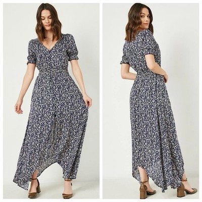 Hayden Casey Short Sleeve Maxi Dress Sz L Blue Ditsy Floral Asymmetrical Hem