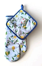 NWT Pot Holder & Oven Mitt Set Lemons Blue White Summer Holiday Set