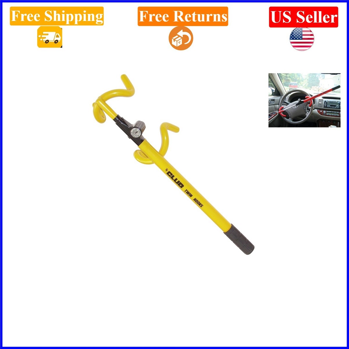The Club 3000 Twin Hooks Yellow Steering Wheel Lock - Keyless