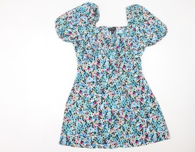 QED London Damenkleid mehrfarbig Blumenmuster A-Linie Puffärmel UK 14