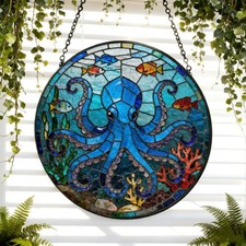 Charming Octopus Ocean Suncatcher Stained Glass Blue Sea Coastal Beach Window
