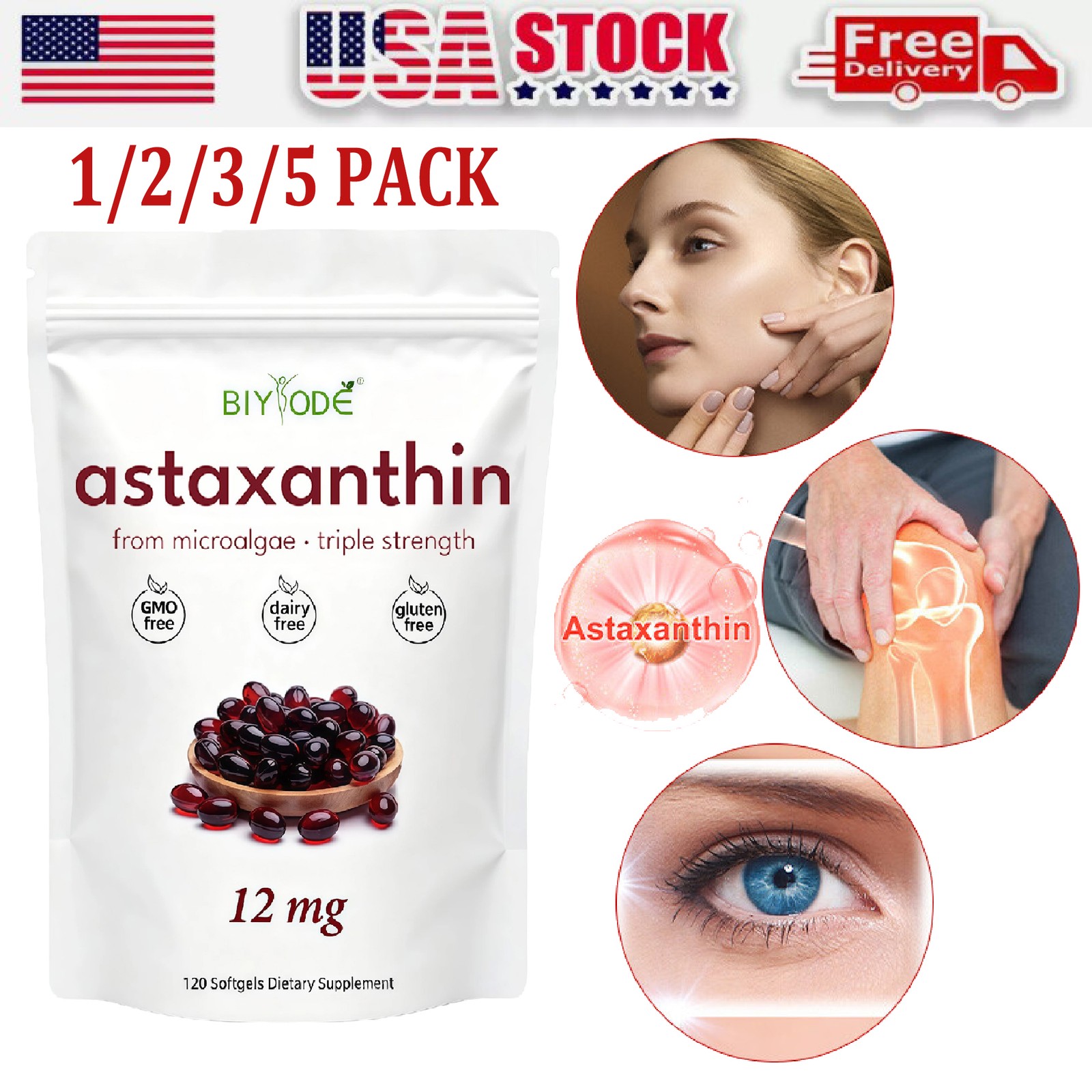 Astaxanthin 120 Softgels 12mg - Supports Eye Health and Joint Health US 2026