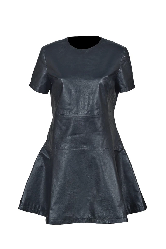 NEW BLACK REAL GENUINE LEATHER LADIES WOMAN PARTY SKATER CASUAL DRESS SIZE 6-22 - Image 2 of 4