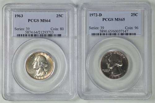 Pair of Washington Quarters - Silver 1963 MS64 PCGS 21293713 & Clad 1972-D MS65