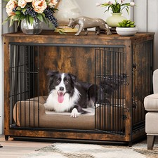 Wooden Wire Pet Kennel Double Doors Furniture End Table Dog Crate w/ Toilet Tray