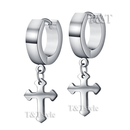 Top Quality T&T Silver 316L Stainless Steel Hoop Dangle Cross Earrings - Picture 1 of 1