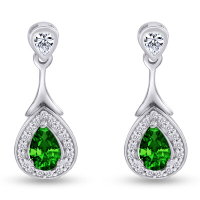 Teardrop Dangle Earrings 925 Sterling Silver Simulated Emerald