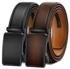 Men Belt 2 Pack,Leather Ratchet Belt Easy Click Slide For Men 1 3/8",Cut for Fit